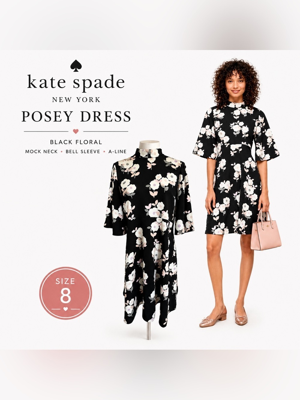 Kate Spade Posey Floral Dress 8 Mock Neck Bell Sleeve Wedding Guest Cocktail